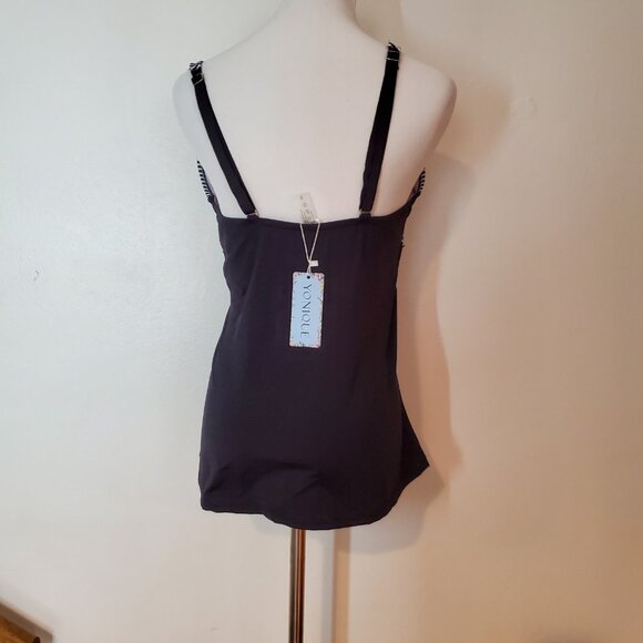 Yonique Twist Front V Neck Tummy Control Swim Top Size XL Black & White Striped - Picture 11 of 13